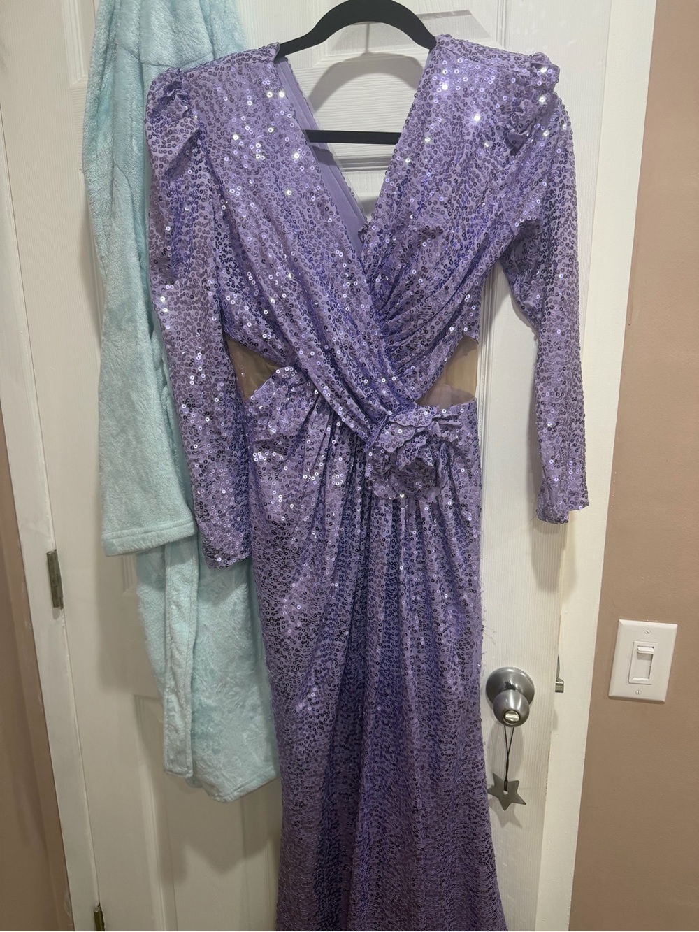 Lavender Sequin Long-Sleeve Wrap Gown